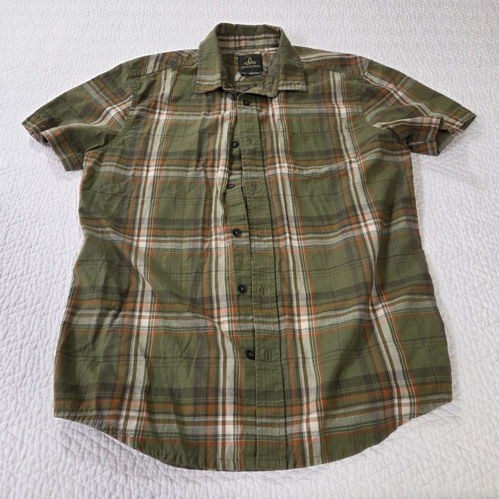 prAna Mens Small Green Plaid Organic Cotton Blend Short Sleeve Button Down Shirt